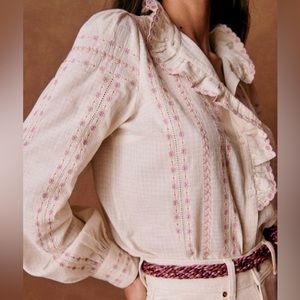 Sezane Chlo Pink Embroidered Cream Shirt Size 36